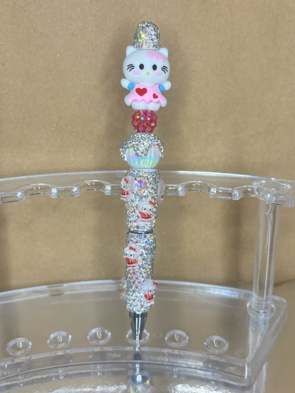 Kawaii Glitter Kitty Beaded Ballpoint Pen - White & Pink